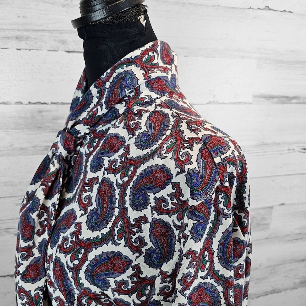 Vintage 1970s Leslie Fay Paisley Bow Collar Blouse Size Medium Red White Retro - Picture 9 of 15